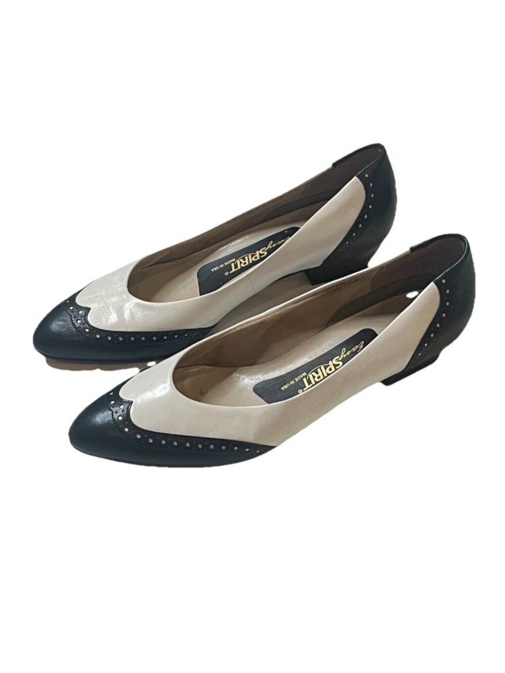 Vtg Easy Spirit Spectator Pumps Black White Leather USA Sz 8 AA Extra Narrow